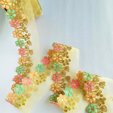Gold Sheer Tissue Fabric Trim With Embroidered Pastel Pink, Green & Gold Flowers, Embellished With Beads
